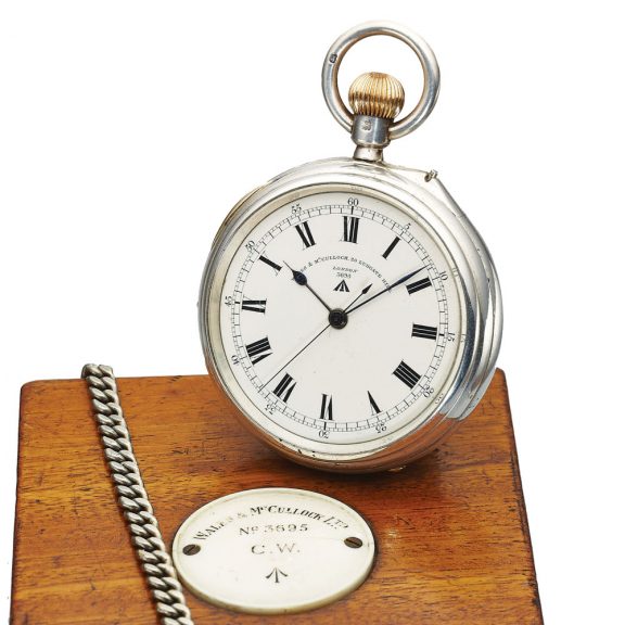 English silver deck watch accompied by long chain Circa 1915