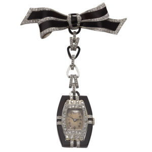 Swiss white gold Art-deco tonneau-shaped brooch watch Circa 1925