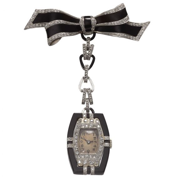 Swiss white gold Art-deco tonneau-shaped brooch watch Circa 1925