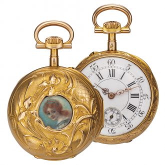 Swiss 18K yellow gold, enamel keyless pendant watch Circa 1898
