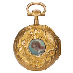 Swiss 18K yellow gold, enamel keyless pendant watch Circa 1898
