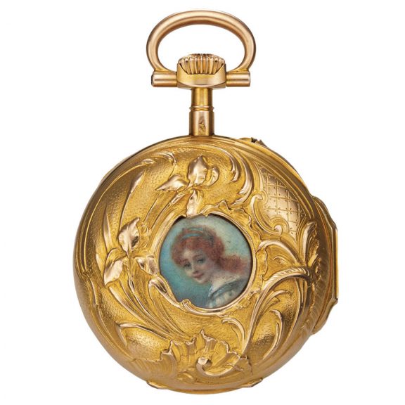 Swiss 18K yellow gold, enamel keyless pendant watch Circa 1898