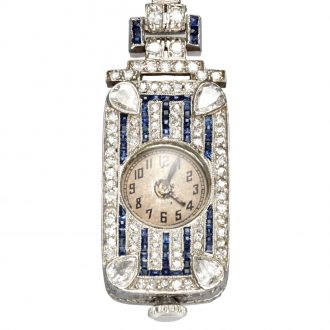 Unusual Swiss platinum, sapphire and diamond brooch watch Circa 1910
