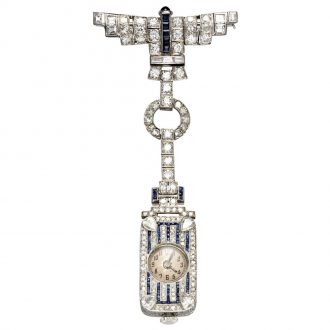 Unusual Swiss platinum, sapphire and diamond brooch watch Circa 1910