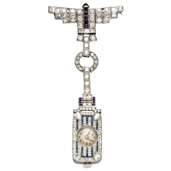 Unusual Swiss platinum, sapphire and diamond brooch watch Circa 1910