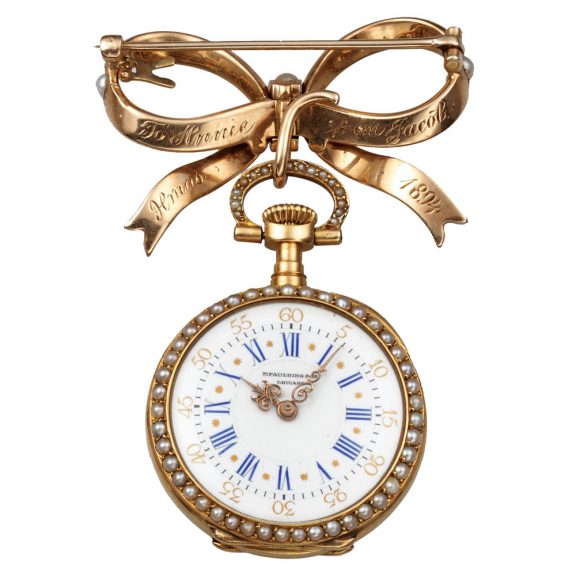 Elegant Swiss gold and pearl lapel brooch watch Circa 1894