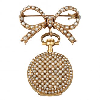 Elegant Swiss gold and pearl lapel brooch watch Circa 1894