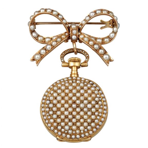 Elegant Swiss gold and pearl lapel brooch watch Circa 1894 Elegant Swiss gold and pearl lapel brooch watch Circa 1894