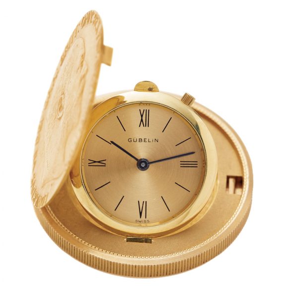 English gold watch set in British gold coin dated 1902 Circa 1970