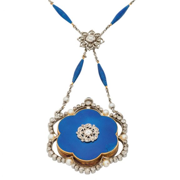 Elegant Danish gold, pearl and diamond pendant watch Circa 1900