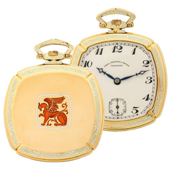 Danish gold square watch with red enamel gryphon Circa 1920 Danish gold square watch with red enamel gryphon Circa 1920