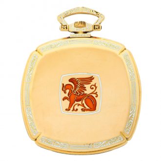 Danish gold square watch with red enamel gryphon Circa 1920