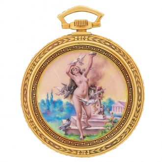 Magnificent Danish gold dress watch with enamel scene Circa 1930