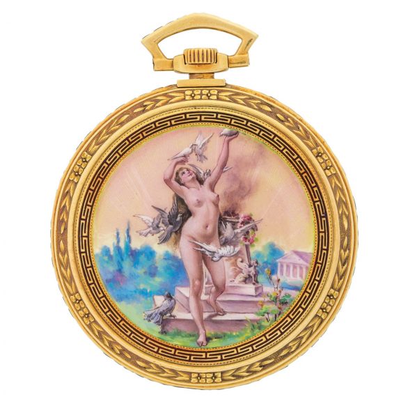 Magnificent Danish gold dress watch with enamel scene Circa 1930