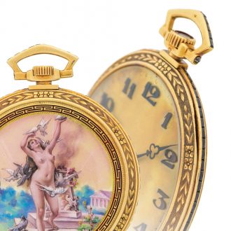 Magnificent Danish gold dress watch with enamel scene Circa 1930