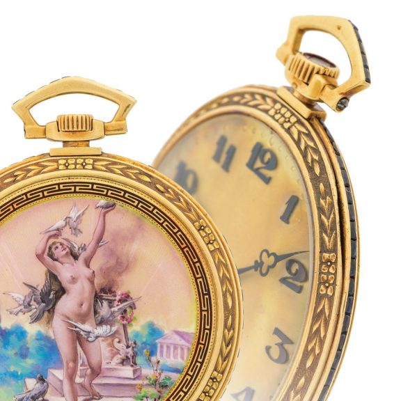 Magnificent Danish gold dress watch with enamel scene Circa 1930 Magnificent Danish gold dress watch with enamel scene Circa 1930