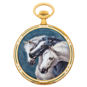 Swiss gold dress watch with enamel horse scene Circa 1925