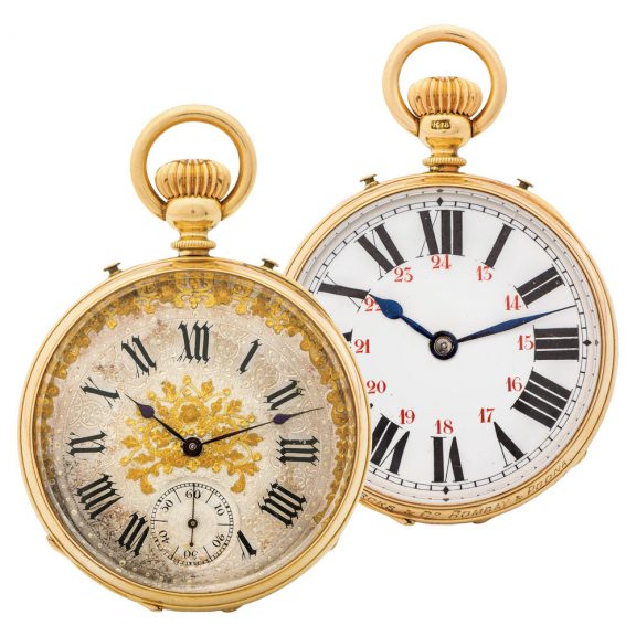 Unique Swiss gold double dialled pocket watch Circa 1890 Unique Swiss gold double dialled pocket watch Circa 1890