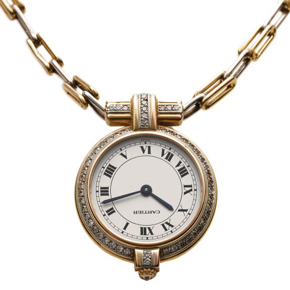 French yellow and white gold, diamond pendant watch Circa 1990 French yellow and white gold, diamond pendant watch Circa 1990