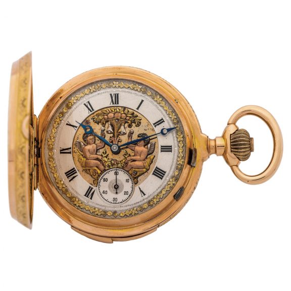 Swiss gold minute repeating automaton pocket watch Circa 1880