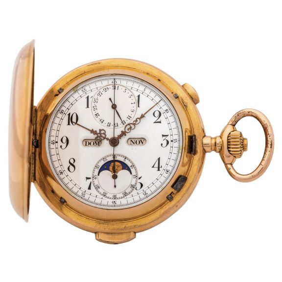 Swiss gold repeater with chronograph and moon phases Circa 1910