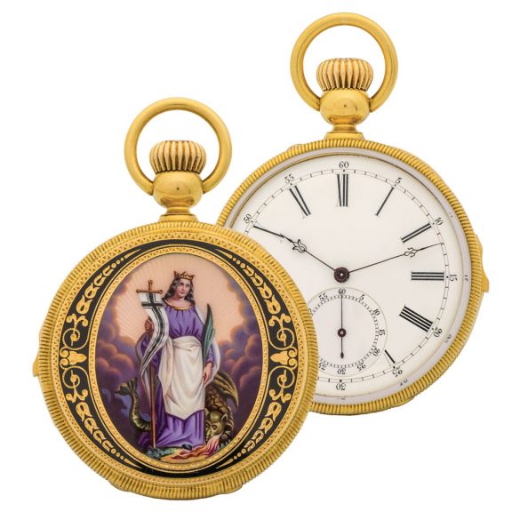 Swiss gold quarter repeater with enamel portrait Circa 1910 Swiss gold quarter repeater with enamel portrait Circa 1910