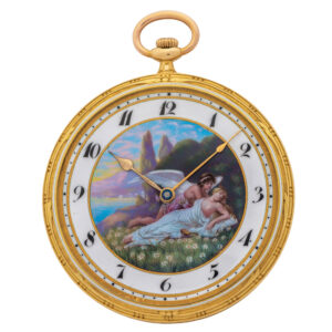 Swiss gold Art Nouveau watch with lovely enamel scene Circa 1910