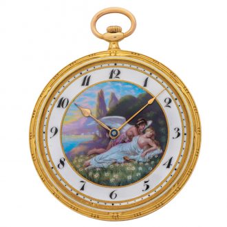 Swiss gold Art Nouveau watch with lovely enamel scene Circa 1910 Swiss gold Art Nouveau watch with lovely enamel scene Circa 1910