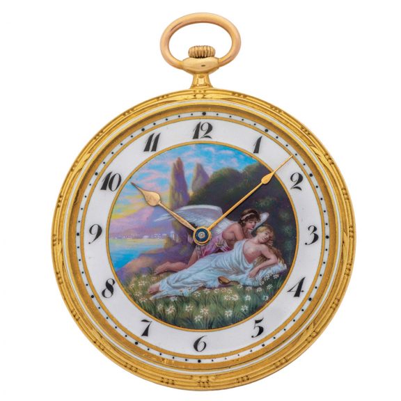 Swiss gold Art Nouveau watch with lovely enamel scene Circa 1910 Swiss gold Art Nouveau watch with lovely enamel scene Circa 1910
