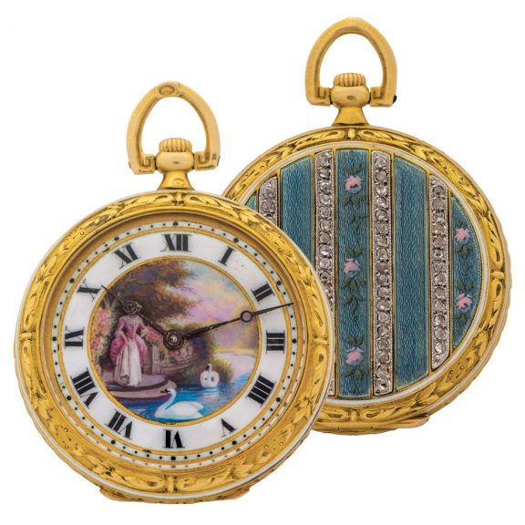 Small Swiss gold watch with enamel decoration Circa 1910 Small Swiss gold watch with enamel decoration Circa 1910