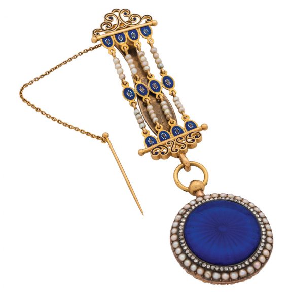 Elegant Swiss gold, enamel and pearl pendant watch Circa 1860