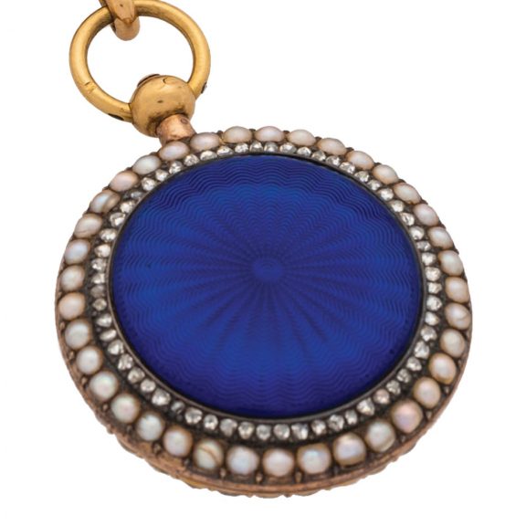 Elegant Swiss gold, enamel and pearl pendant watch Circa 1860 Elegant Swiss gold, enamel and pearl pendant watch Circa 1860