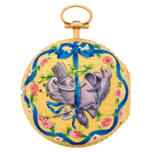 Colourful French 20 carat gold cylinder pocket watch Circa 1770