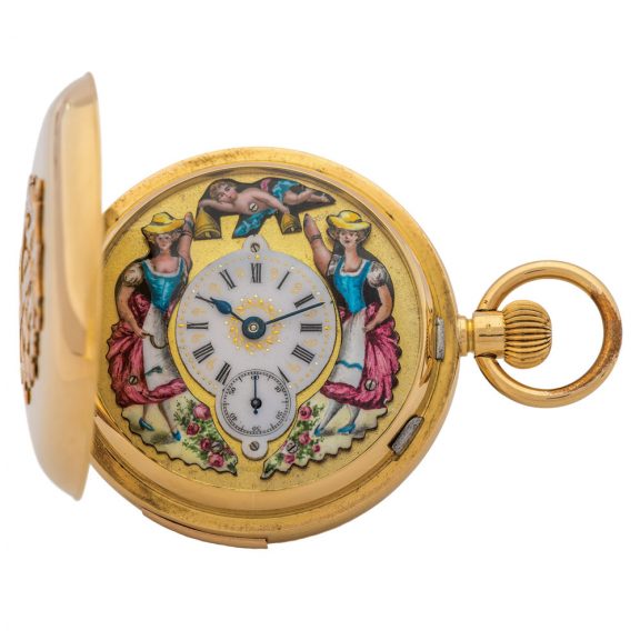 Swiss gold repeater with enamel automaton jacks Circa 1890