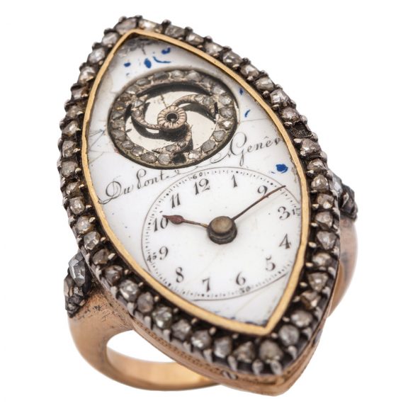 Swiss 18 Carat gold navette shaped ring watch with visible balance Circa 1800