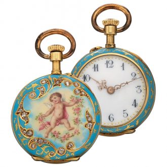 Lovely Swiss gold, enamel and diamond pendant watch Circa 1900
