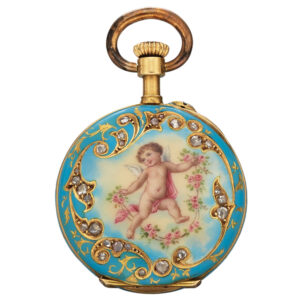 Lovely Swiss gold, enamel and diamond pendant watch Circa 1900