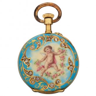 Lovely Swiss gold, enamel and diamond pendant watch Circa 1900