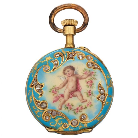 Lovely Swiss gold, enamel and diamond pendant watch Circa 1900