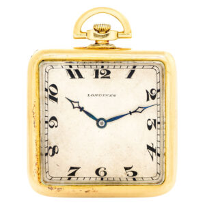 Swiss yellow gold square keyless dress pocket watch Circa 1925