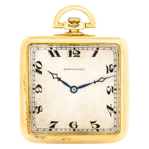Swiss yellow gold square keyless dress pocket watch Circa 1925