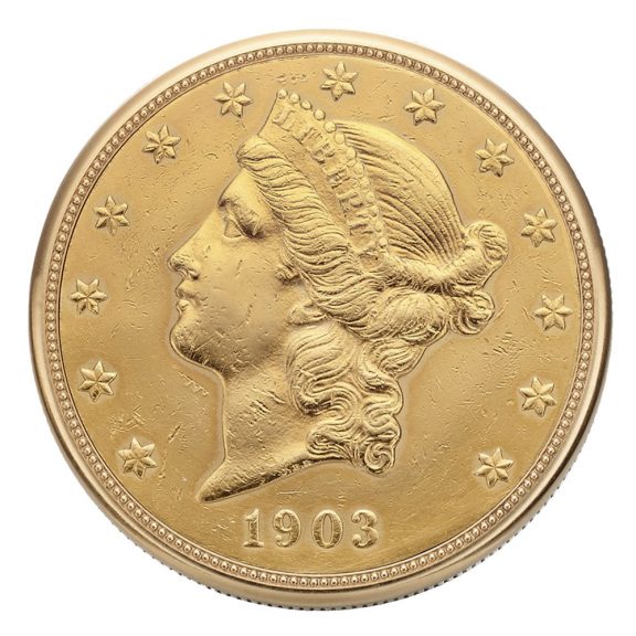 Swiss gold watch set in U.S. 20 dollar coin dated 1903 Circa 1980 Swiss gold watch set in U.S. 20 dollar coin dated 1903 Circa 1980