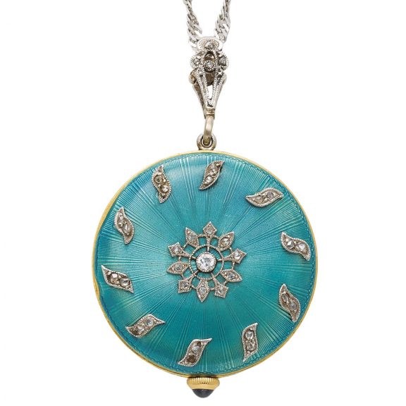 Swiss gold, enamel and diamond pendant watch Circa 1910