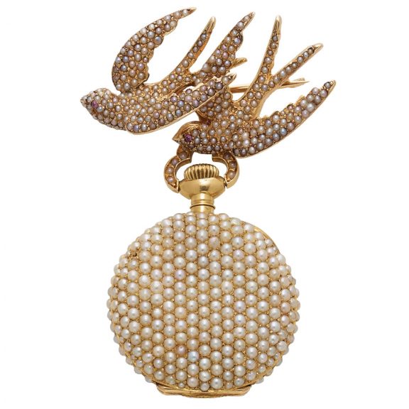 Elegant Swiss gold and pearl-set pendant brooch watch Circa 1900