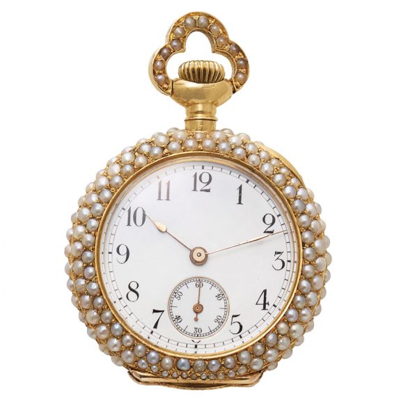 Elegant Swiss gold and pearl-set pendant brooch watch Circa 1900 Elegant Swiss gold and pearl-set pendant brooch watch Circa 1900