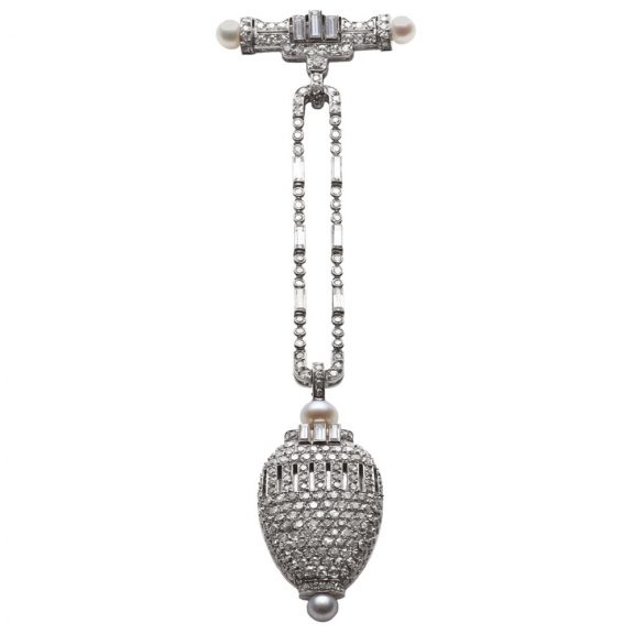 Swiss platinum Amphora-shaped Art Deco lapel watch Circa 1927 Swiss platinum Amphora-shaped Art Deco lapel watch Circa 1927