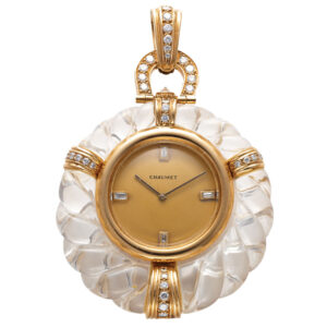 Swiss rock crystal, gold and diamond pendant watch Circa 1980