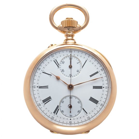 French gold keyless lever chronograph with register Circa 1890 French gold keyless lever chronograph with register Circa 1890