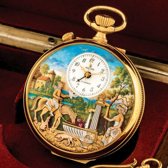 Swiss gold-plated musical automaton with alarm Circa 1980