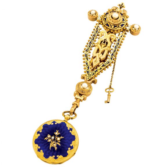 Swiss gold, diamond, pearl and enamel pendant watch Circa 1860